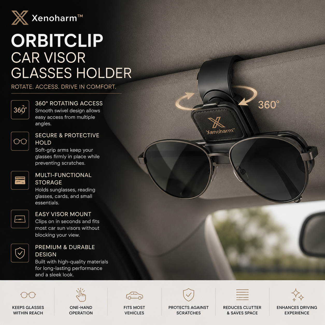Xenoharm™ OrbitClip Car Visor Glasses Holder