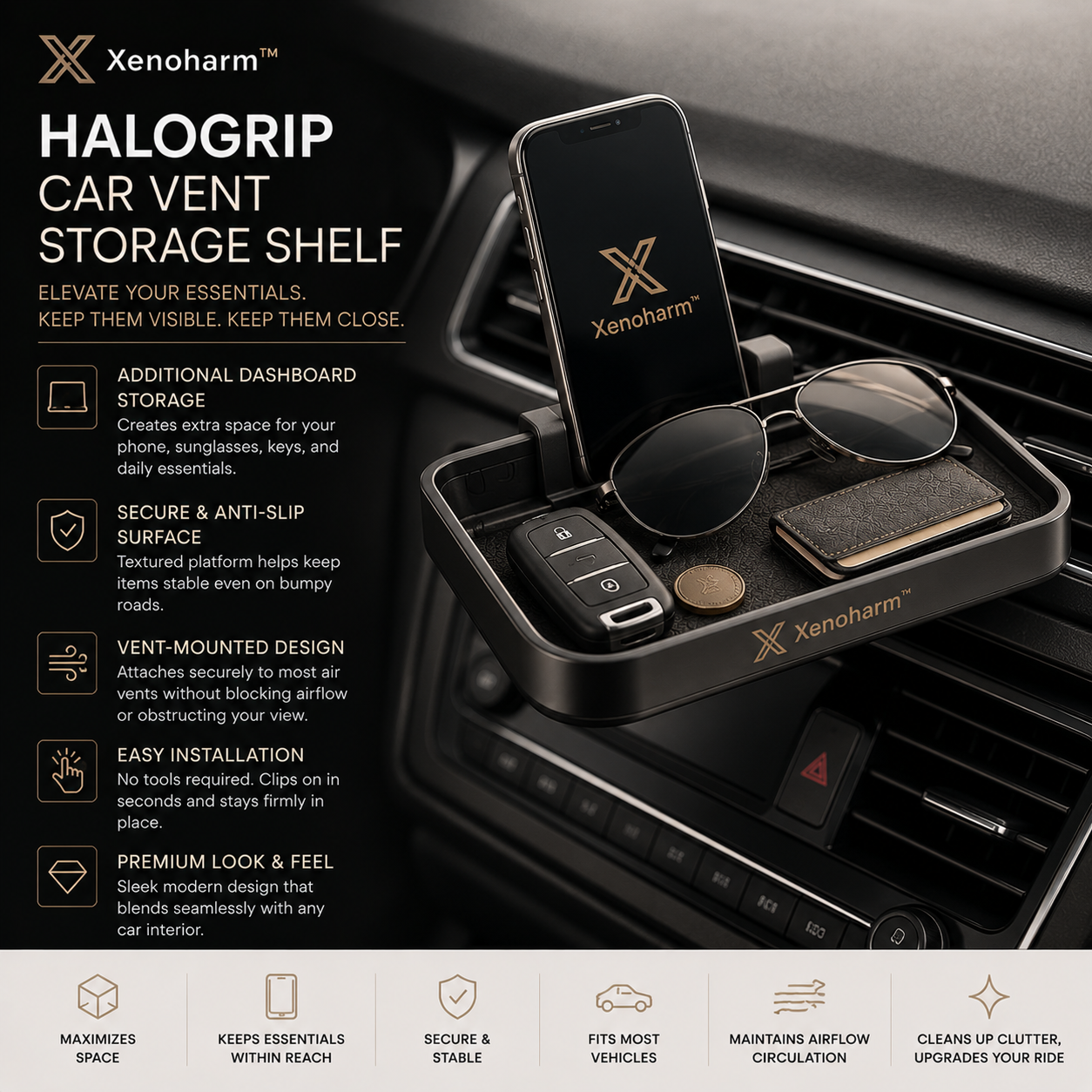 Xenoharm™ HaloGrip Car Vent Storage Shelf